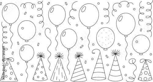 A collection of black and white party elements including balloons and hats celebration birthday