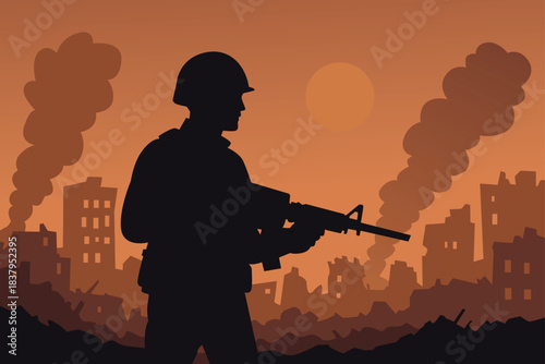 A soldier silhouette stands holding a rifle in a destroyed city.