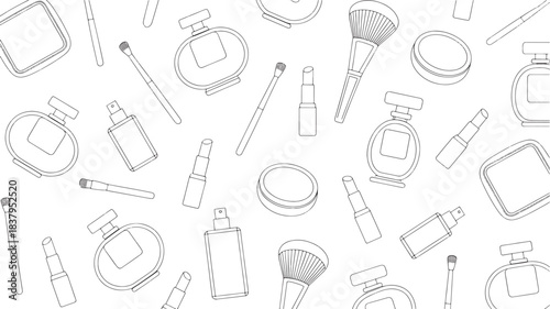 Assortment of black and white line art beauty products scattered across white background makeup cosmetics