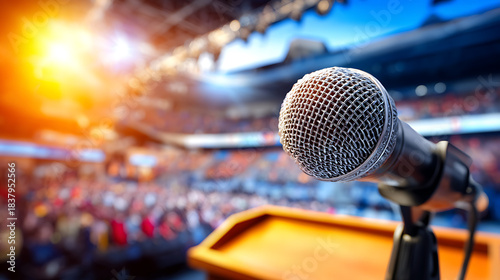 Microphone podium stage conference audience spotlight arena business financial growth 2026 keynote seminar event presentation leadership success corporate professional speech