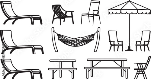 Black and white line art illustration of outdoor furniture set patio furniture chaise lounge