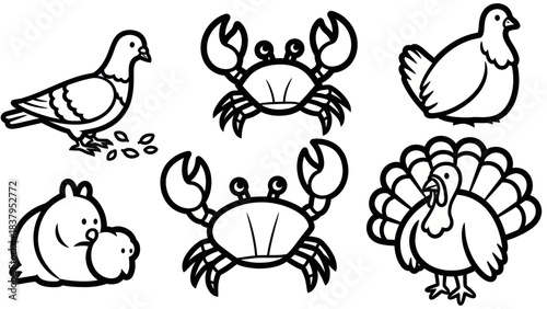 Black and white line art of birds and crustaceans on a white background