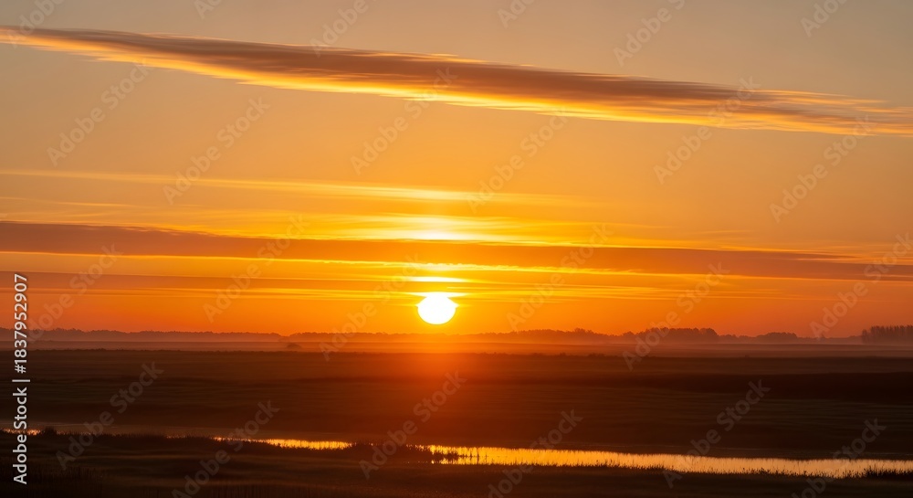 Naklejka premium Golden dawn sun dramatic fiery sky rural field water reflection