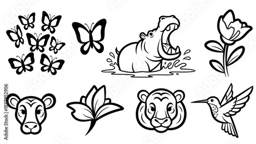 Black and white vector illustrations of animals and butterflies