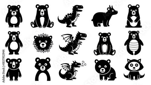 Black bear and dragon cartoon character collection on white background