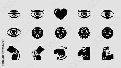 Black silhouette icons of eyes heart brain muscles and joints on gray background