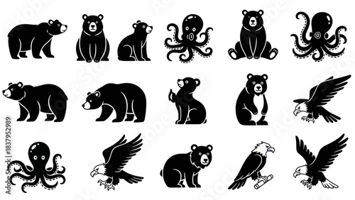 Black animal silhouettes collection with bear eagle and octopus elements