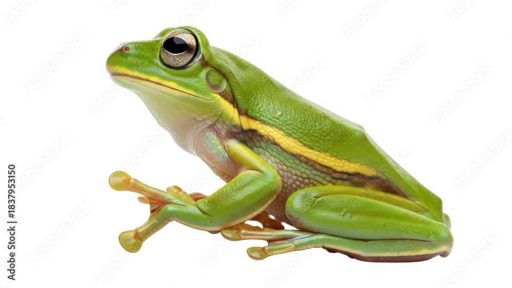 Naklejka premium Isolated frog sits in profile, a green tree frog with a yellow stripe on its side