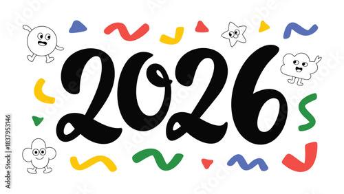 Year 2026: An illustrated depiction of the year 2026, embellished with playful characters and vibrant, abstract shapes, encapsulates a sense of optimism and future-oriented design.