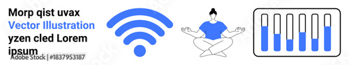wireless signal icon, a person meditating in lotus pose, and a battery level chart. Ideal for mindfulness, technology, productivity, app design, infographics, mental health simple landing page
