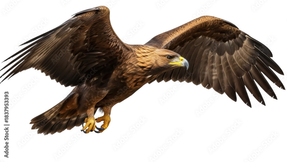 Fototapeta premium Isolated golden eagle with spread wings flying, raptor looking down, bird of prey portrait