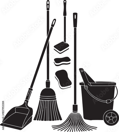 Black silhouette cleaning tools including dustpan broom mop bucket and sponges vector