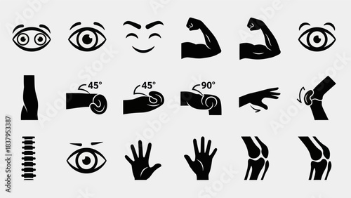 Black and white human body parts and facial expressions vector illustrations