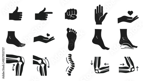 Black silhouette icons of human body parts and gestures for design