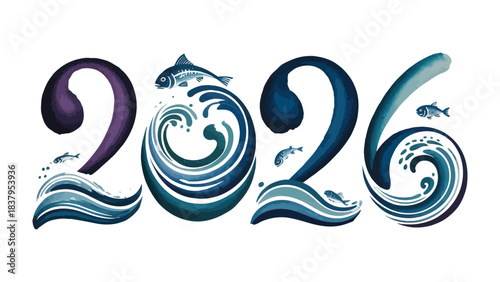 Aquatic 2026: A captivating artistic rendition of the year 2026, intricately woven with flowing waves and playful aquatic life, offering a glimpse into the future.