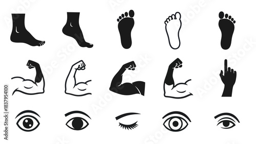 Black and white human body parts foot arm and eye silhouettes
