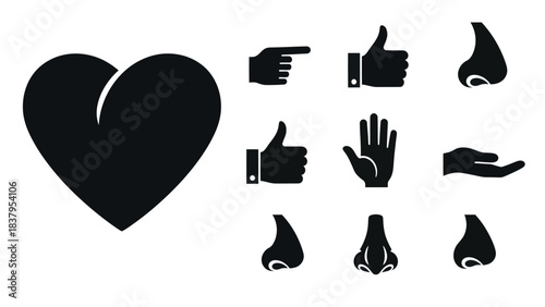Black heart and various hand gestures and facial features isolated on white