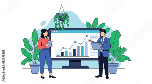 Illustration of two professionals analyzing data on large monitor with bar and line graphs, representing business analytics, teamwork, and digital collaboration in a modern office environment
