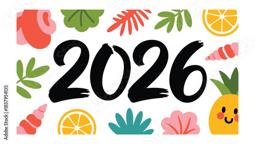 2026 Tropical Celebration: A vibrant design for year 2026, infused with the essence of tropical bliss, featuring playful illustrations of flora, fauna, and a hint of fruity delight.