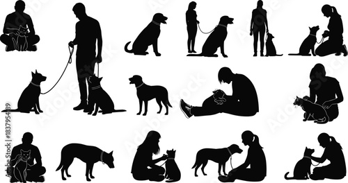 Silhouettes of people with pets, dog walking, cat cuddling, pet care, human animal bond, companionship, black vector illustration