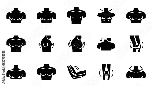 Black silhouette icons of human body parts and movements on a white background