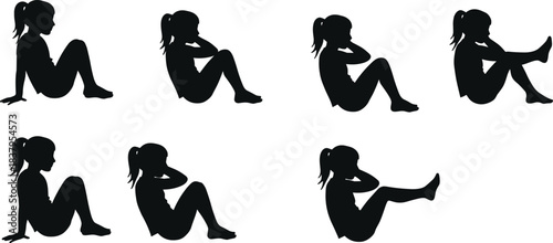 Sit-up exercise silhouette, woman workout pose, fitness movement stages, core training illustration, gym routine, body strength, ponytail figure, barefoot