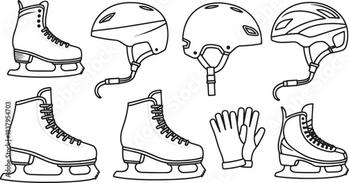 Collection of black and white line art ice skates helmets and gloves figure skates hockey skates