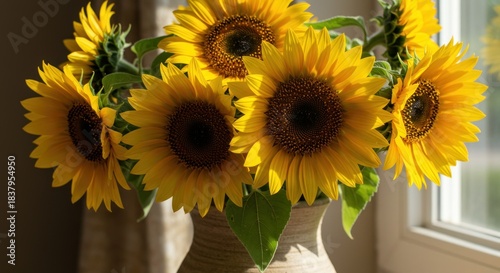 Close up of vibrant sunflowers in vase illuminated by sunlight