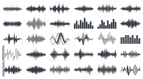 Grid of 30 unique sound waveforms in oscillating line and bar styles, representing diverse audio signal patterns for use in music production, speech analysis, and digital sound visualization