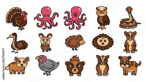 Cartoon animal assortment turkey octopus owl snake and other wildlife