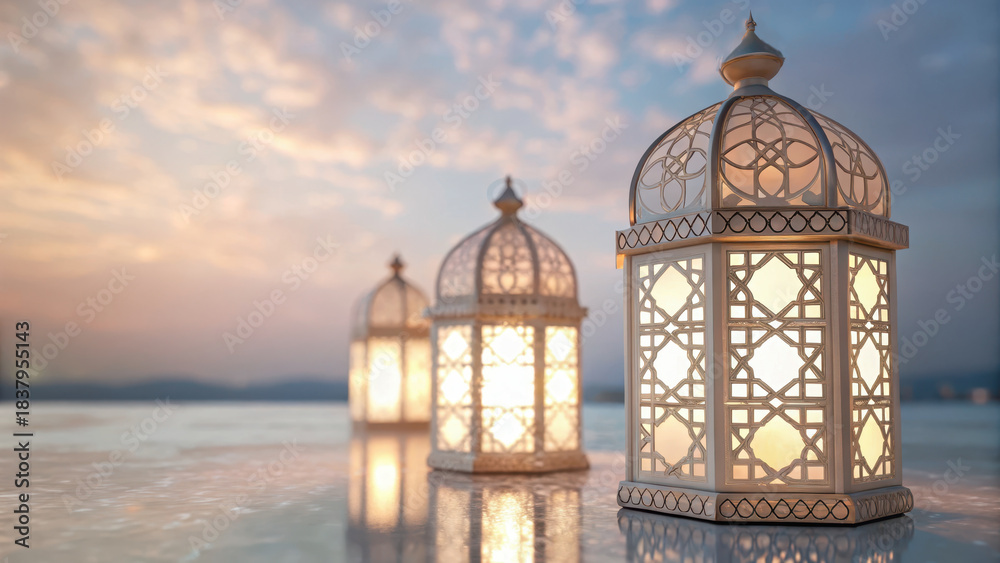 Fototapeta premium Ramadan decor visual. Elegant lanterns glow warmly at sunset, reflecting on smooth surface, evoking serene and peaceful atmosphere