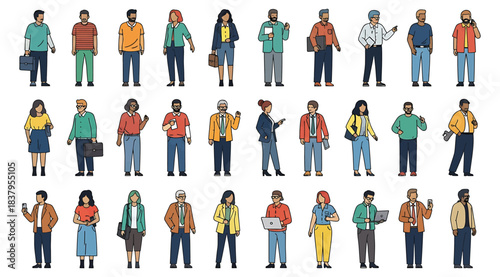 Grid of 24 illustrated casual individuals with diverse outfits, accessories, and postures, representing everyday people for use in visual storytelling, demographic design, or UI character sets