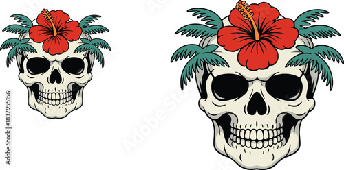 Skull illustration with hibiscus flower, tropical leaves, tattoo style, exotic design, floral skull art, vibrant contrast, macabre beauty, decorative motif