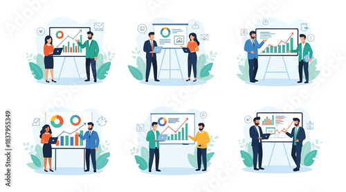 Illustration of six business scenes with professionals presenting and discussing charts on boards, symbolizing teamwork, data analysis, and performance review in modern corporate environments
