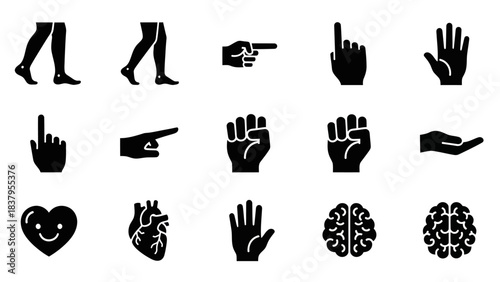 Black silhouette icons of human body parts and various hand gestures