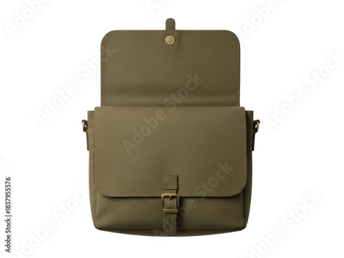 Isolated green canvas satchel bag with open flap, leather shoulder bag, fashion item