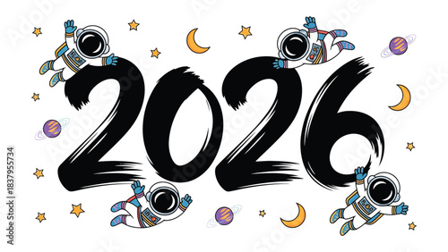 Astronauts in Space 2026: An illustration of a group of astronauts floating in space, surrounded by celestial elements, with the year 2026 prominently displayed.