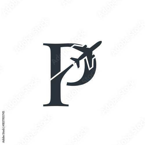 Stylized letter P logo with an airplane taking off, representing travel and aviation.