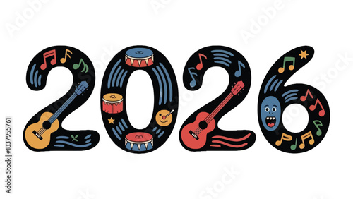 Musical 2026: An illustration showcases the year 2026, embellished with musical instruments and notes, representing the theme of music and celebration. 