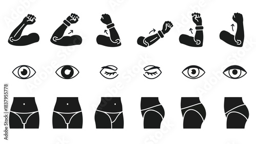 Black silhouette illustrations of body parts for health and well being concepts
