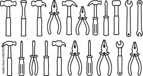 Collection of black outline hand tools including hammers pliers screwdrivers and wrenches vector