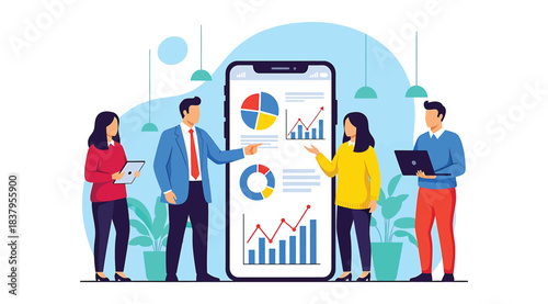Illustration of four professionals analyzing data on large smartphone screen with charts and graphs, symbolizing teamwork, mobile technology, and business analytics in a modern collaborative setting