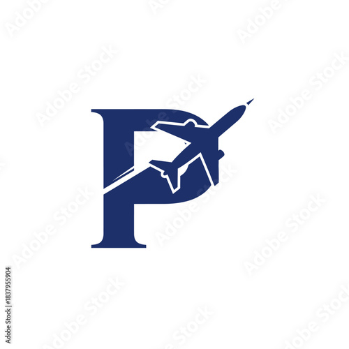 Stylized dark blue letter P logo with an airplane flying through it, representing travel and aviation.