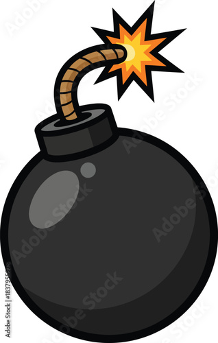 Bomb vector icon illustration, bomb icon, cartoon bomb with lit fuse and explosion starburst vector, bomb with burning wick vector illustration