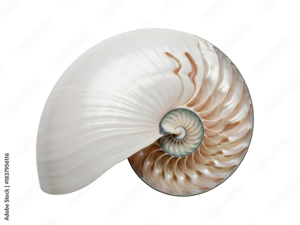 Obraz premium Isolated iridescent nautilus shell, a sea creature displaying geometric patterns, nature design