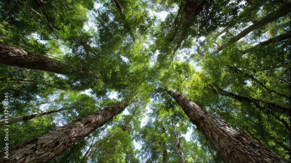 Fototapeta premium Majestic Canopy of Tall Trees in a Lush Forest with Sunlight Filtering Through Leaves and Branches, Inviting Nature Lovers to Explore the Serenity of the Wilderness