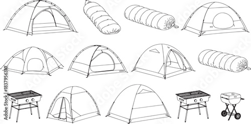 Collection of camping tents sleeping bags and barbecue grills line art camping equipment outdoor gear