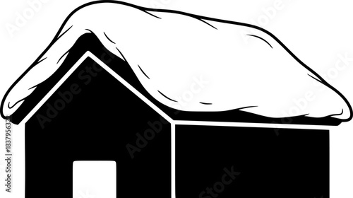Simple black and white winter house drawing with snowy roof

