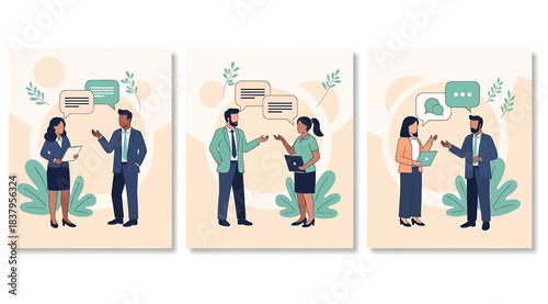 Triptych illustration of professional conversations with speech bubbles, depicting workplace greetings, dialogue, and interpersonal communication in a friendly and modern business setting