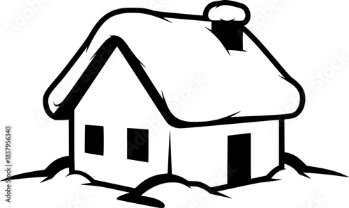 Simple black and white winter house drawing with snowy roof
